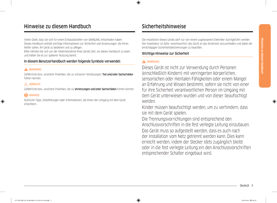 Samsung NV73J9770RS/EF manual Hinweise zu diesem Handbuch, Sicherheitshinweise, Wichtige Hinweise zur Sicherheit, Deutsch  